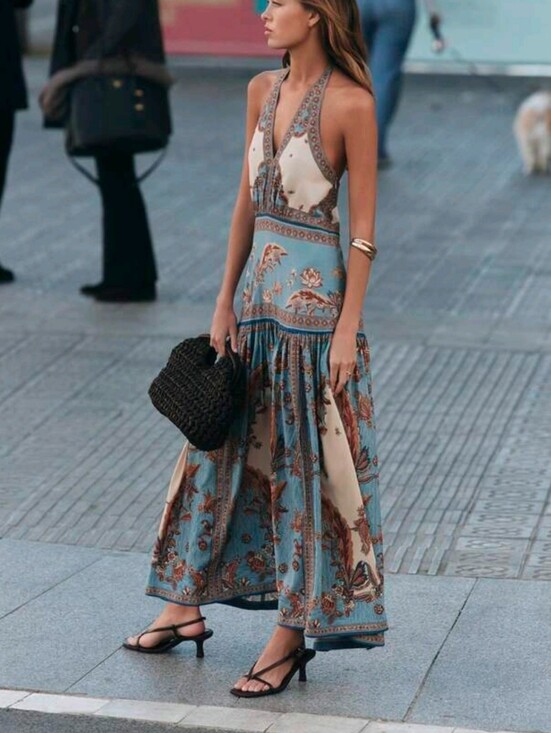 Dresses & Skirts - ummer Dresses For Women: A Light Blue And Beige Halter-Neck Maxi Dress